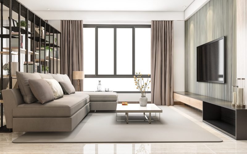 3d rendering loft luxury living room with bookshelf